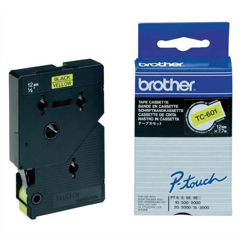 Cassettes Rubans Brother TC 601 - Ruban lamin� noir/jaune - Rouleau (1,2 cm x 7,7 m)