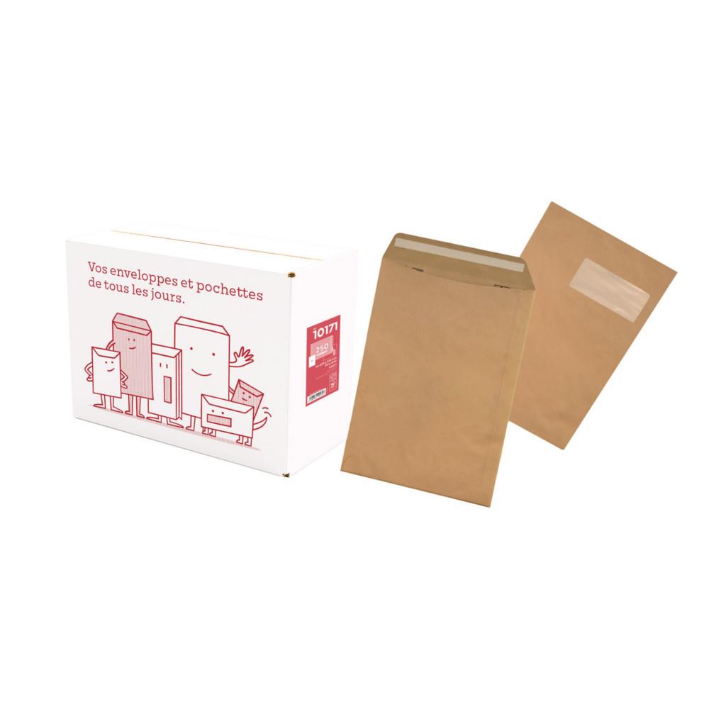 Pochette kraft brun C4 - 229 x 324 mm 90g - Fen�tre 110 x 50 mm - Autocollante bande protectrice - Lot de 250