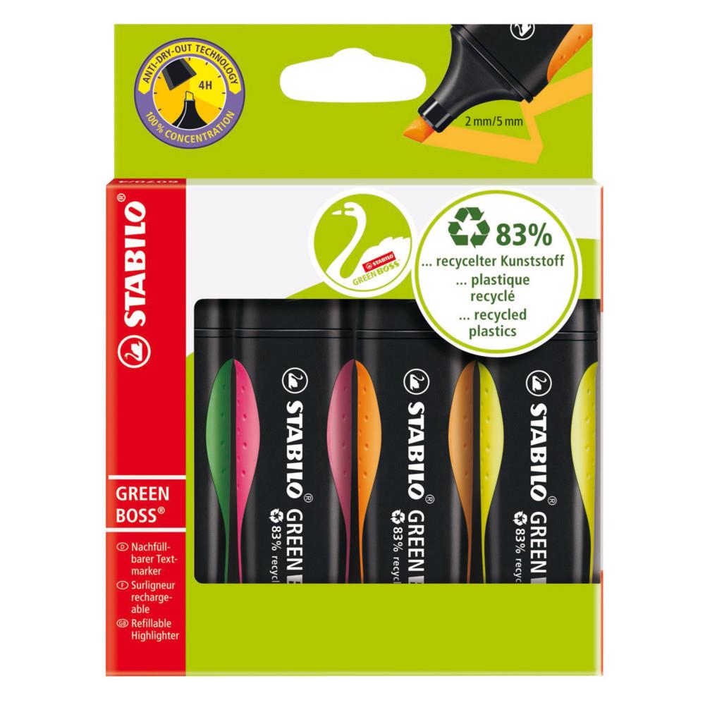 Surligneur recycl Stabilo GREENBOSS Pointe biseaute 2 - 5 mm - lot de 4 assortis