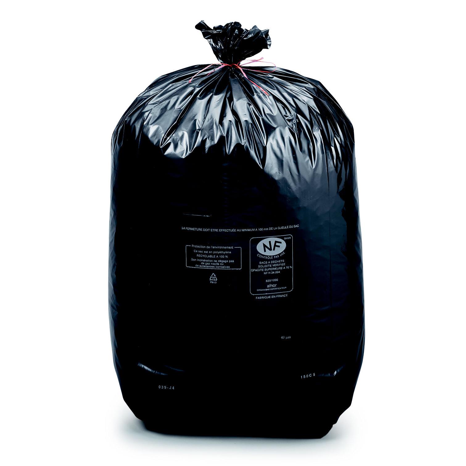 Sac poubelle 130 L noir pour dchets courants en plastique recycl 38 microns - Carton de 200