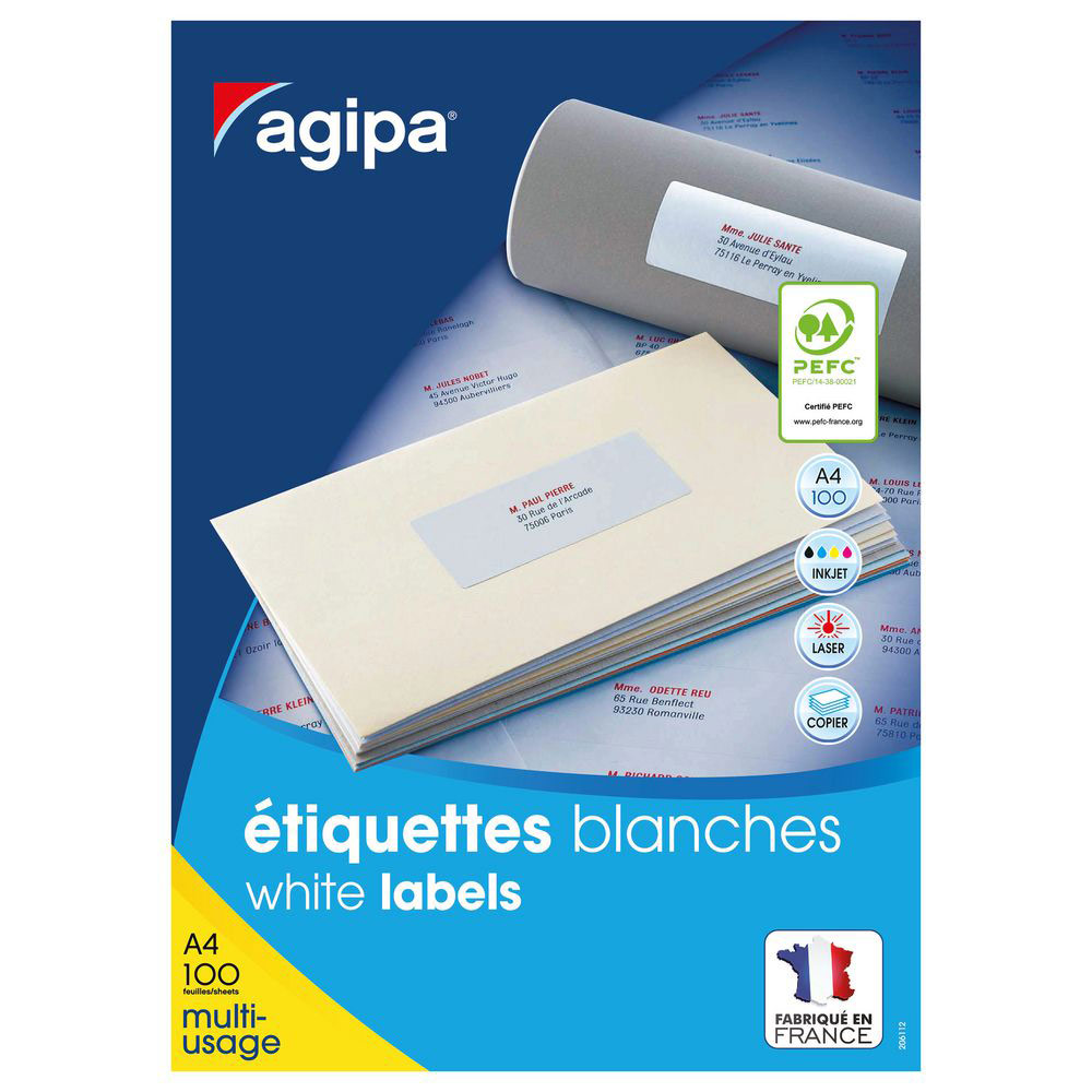 tiquettes adhsives blanches multi-usages Agipa - 70 x 35 mm - 24 tiquettes par feuille - paquet 2400 units