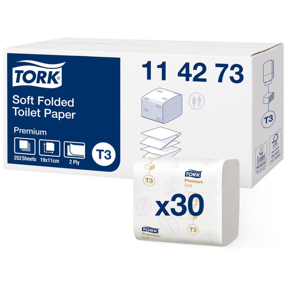 Papier toilette Tork Premium doux  - 114273 - 2 plis - 11 x 19 cm - colis de 30 paquets de 252 - pour TORK T3