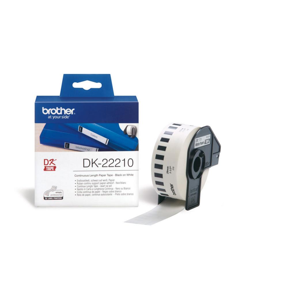 Ruban continu Brother DK22210 pour imprimante QL - support papier adhsif 29mmx30m  - Noir sur blanc