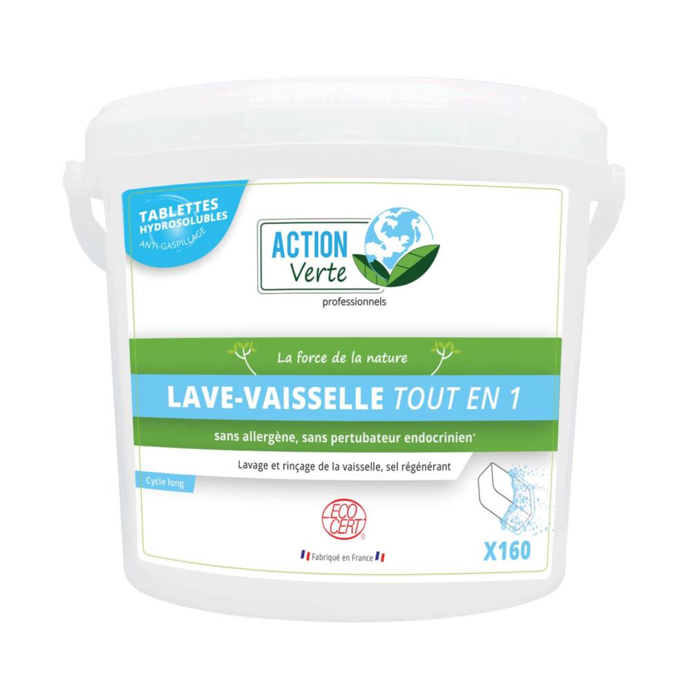 Tablettes lave-vaiselle Action Verte - hydrosolubles - cycle long - nettoient, rincent, anticalcaires - seau de 160