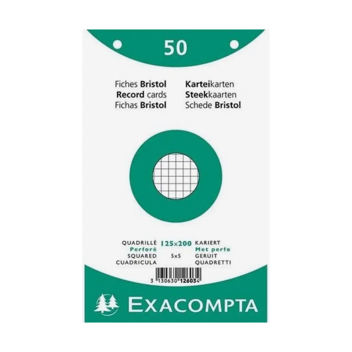 Sachet de 50 fiches bristol Exacompta (sous-film) perfores 125X200mm quadrilles 5x5 Blanc