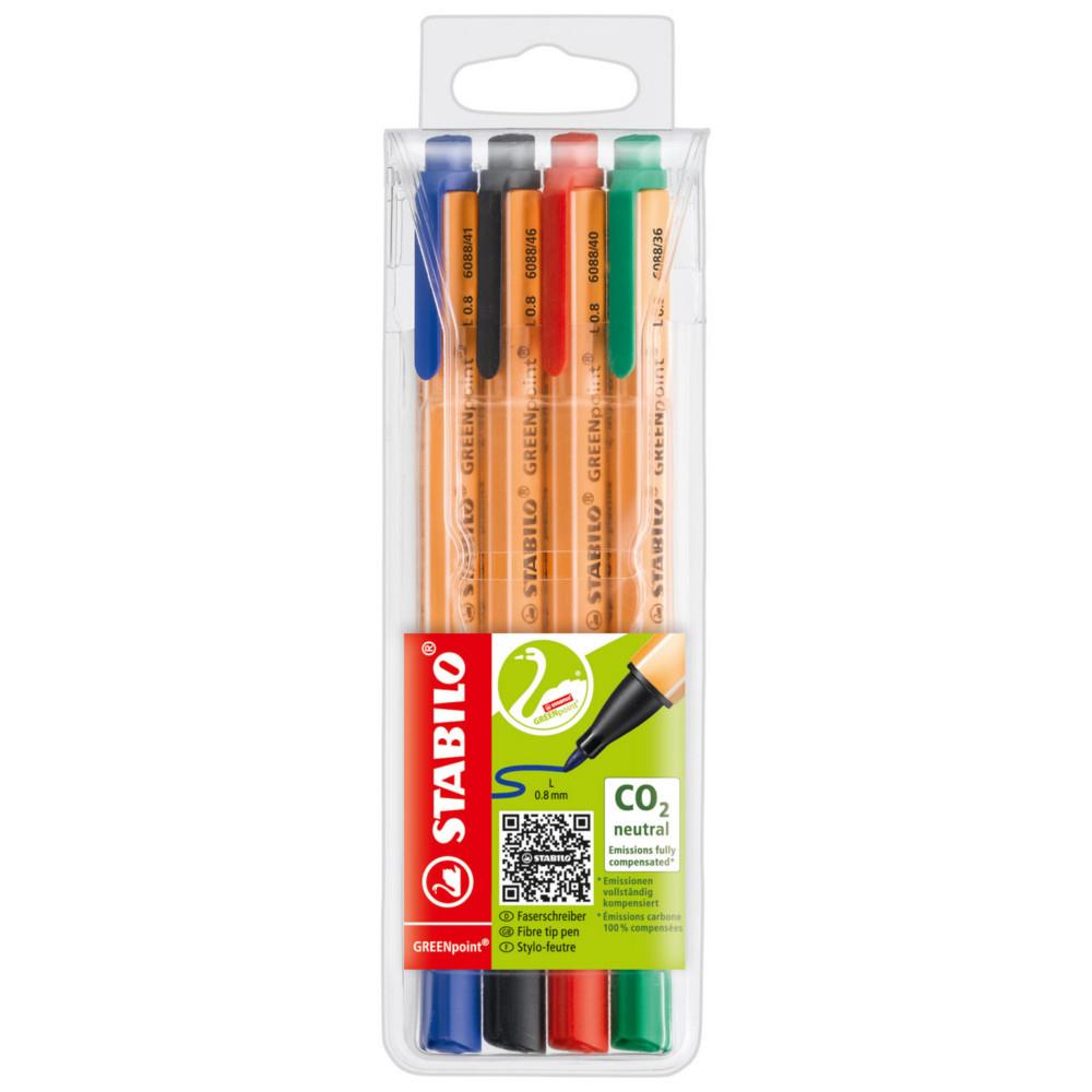 Stylo-feutre Stabilo GREENpoint pointe large 0,8 mm Pochette de 4 - Noir, bleu, rouge et vert