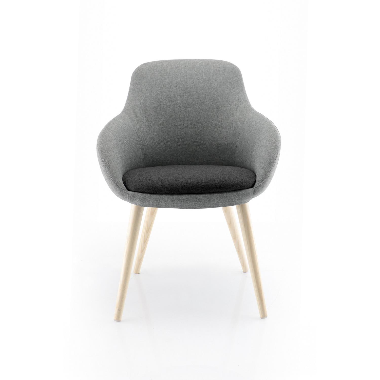 Fauteuil d'accueil Olia - tissu gris - coussin anthracite - 4 pieds bois naturel