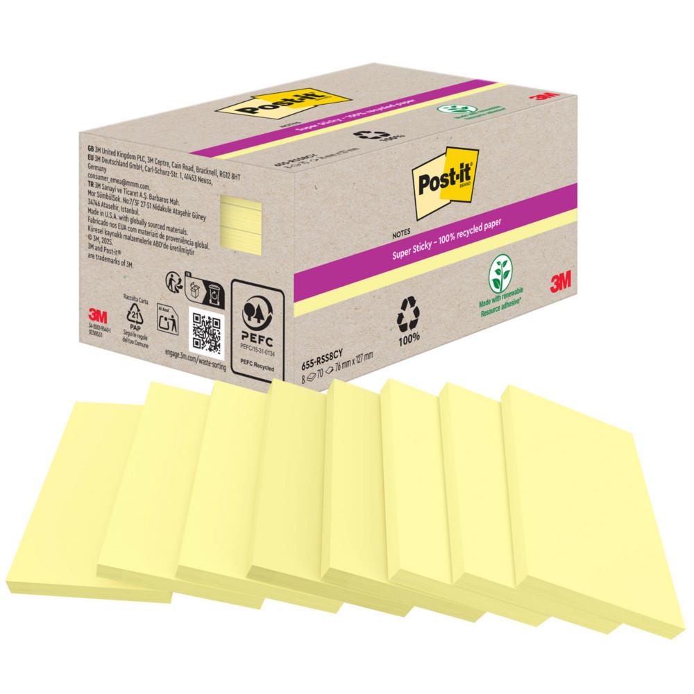Notes Super Post-it Sticky Recycl�es 76 x 127 mm 3M - Boite de 8 blocs rectangulaires de 70 feuilles - Jaune Canari