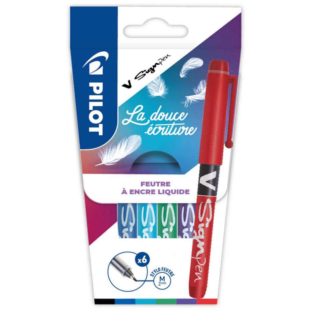 Stylo feutre Pilot V-Sign Pen   capuchon pointe moyenne 2 mm - pochette 6 couleurs