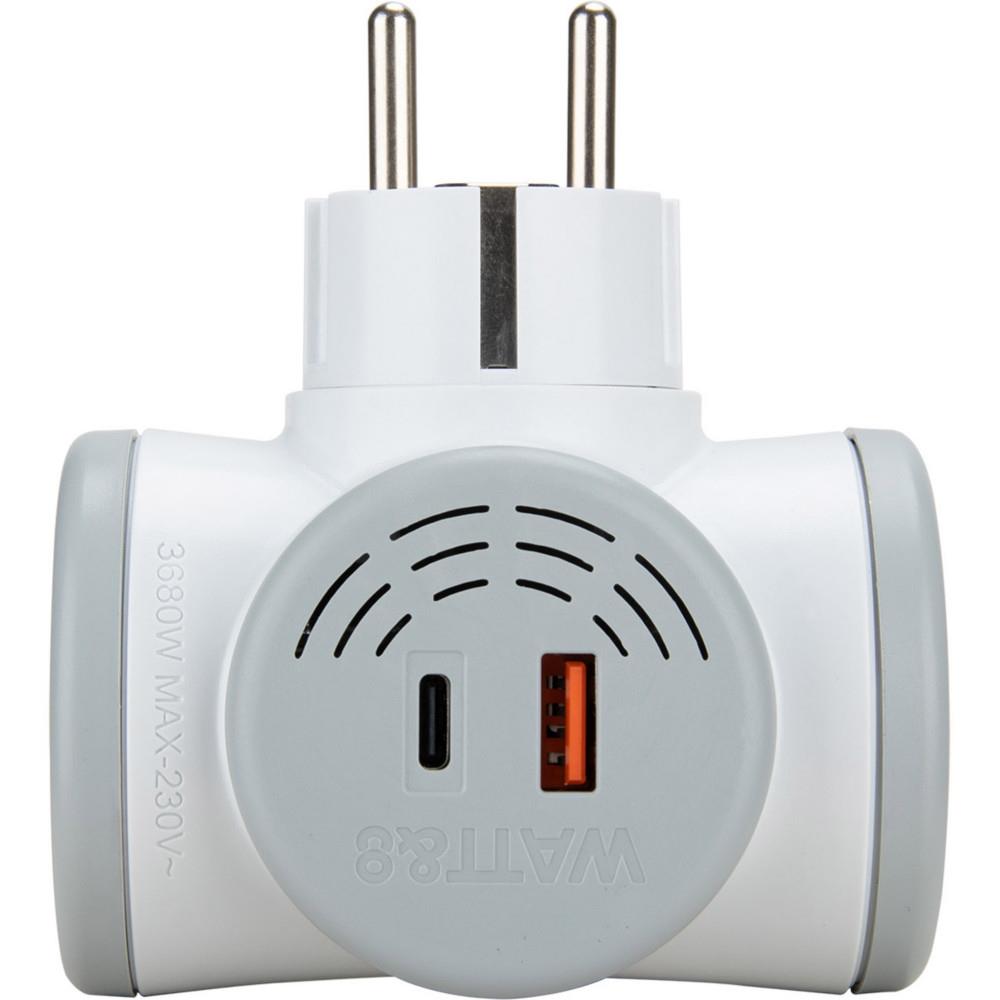 Biplite Multiprise Watt & Co rotative 2 prises 16A + 2 USB - Gris