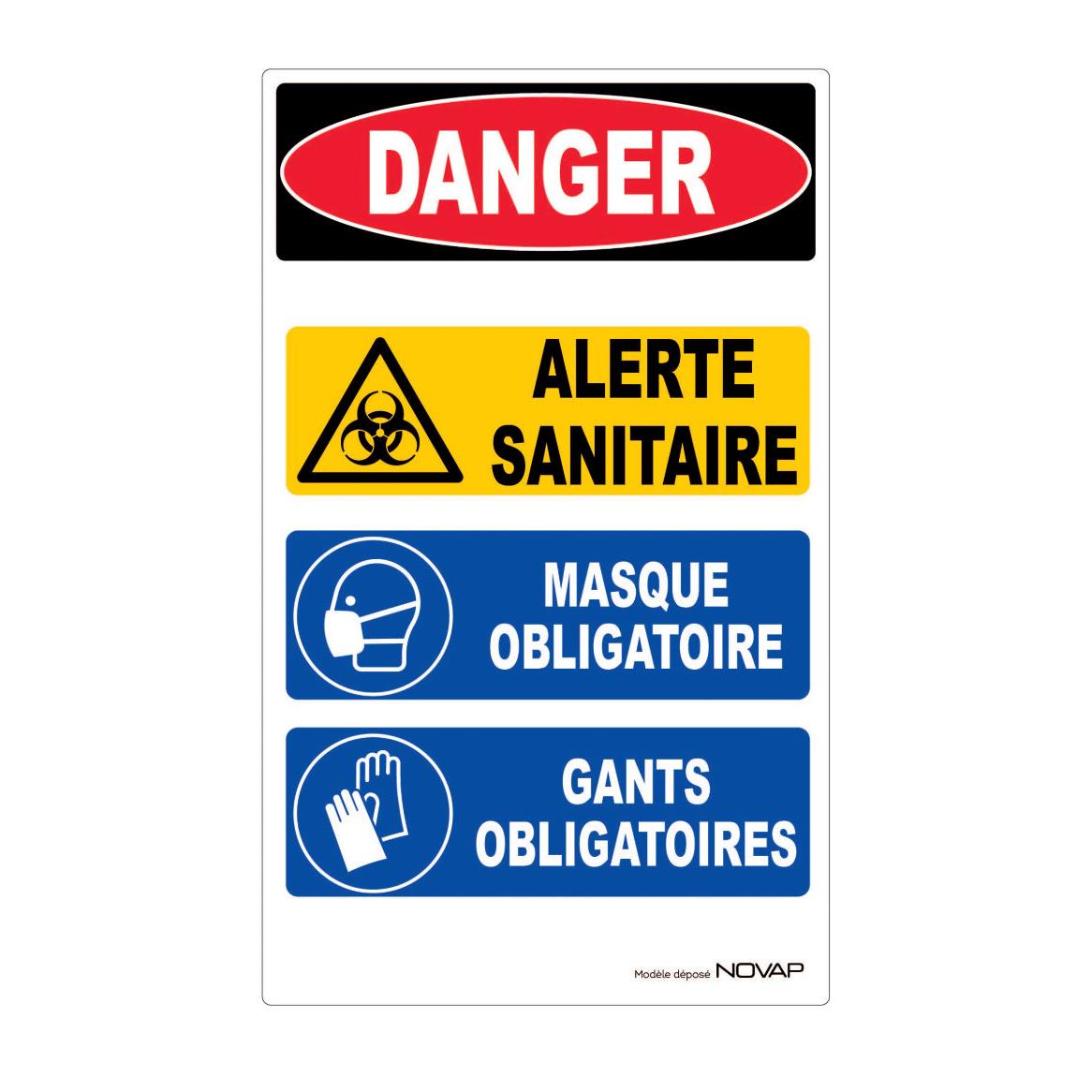 Panneau signalisation polystyrne rigide Danger Alerte sanitaire multi messages (Danger - Alerte - Masque - Gants) - 330 x 200 mm