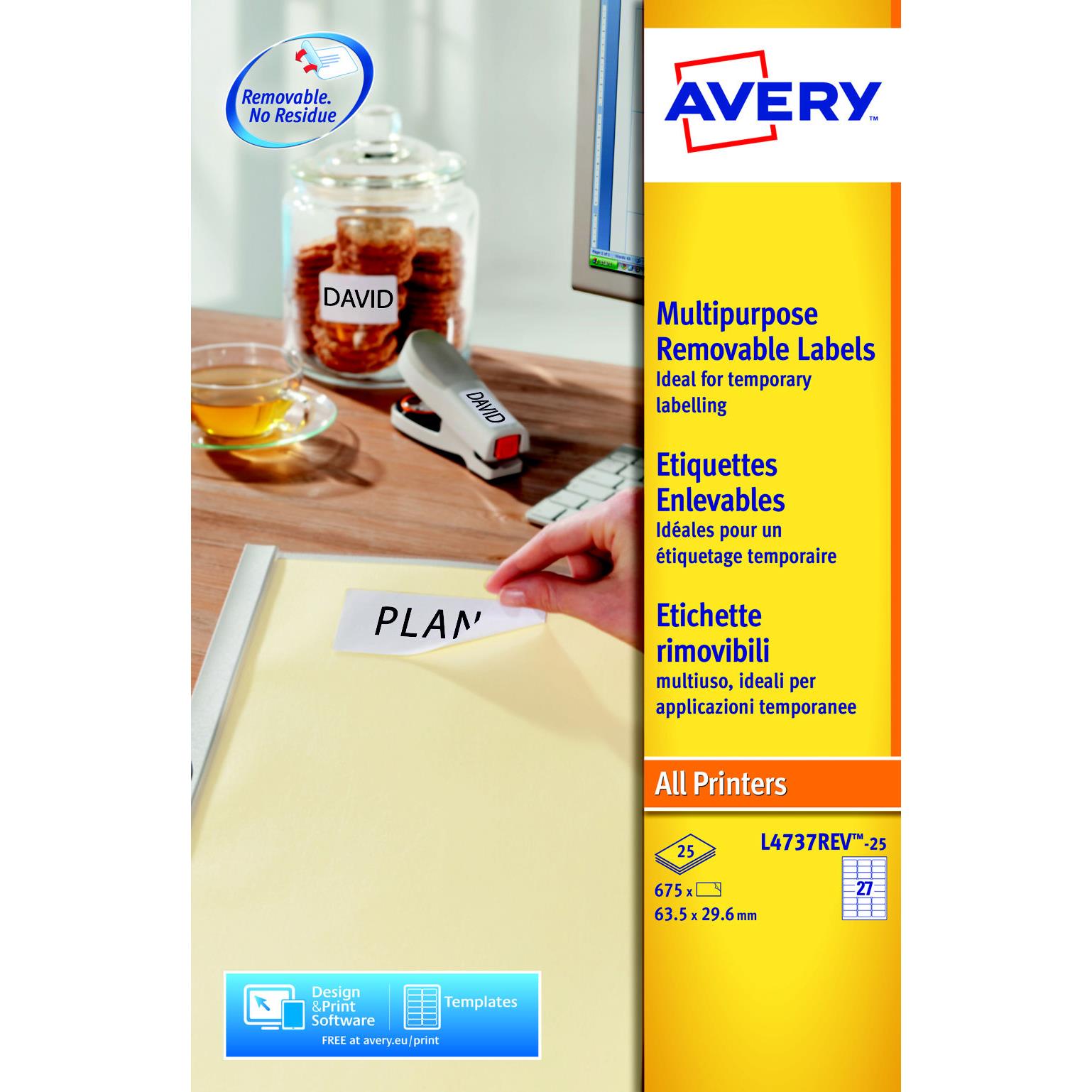 Etiquettes enlevables Avery L4737 - format 63.5x29.6 mm - impression laser - bote de 675