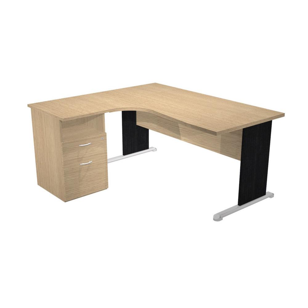 Pack Pulse Tendance - 1 bureau compact retour � gauche ch�ne pieds noirs - 1 caisson hauteur bureau prof. 60 cm