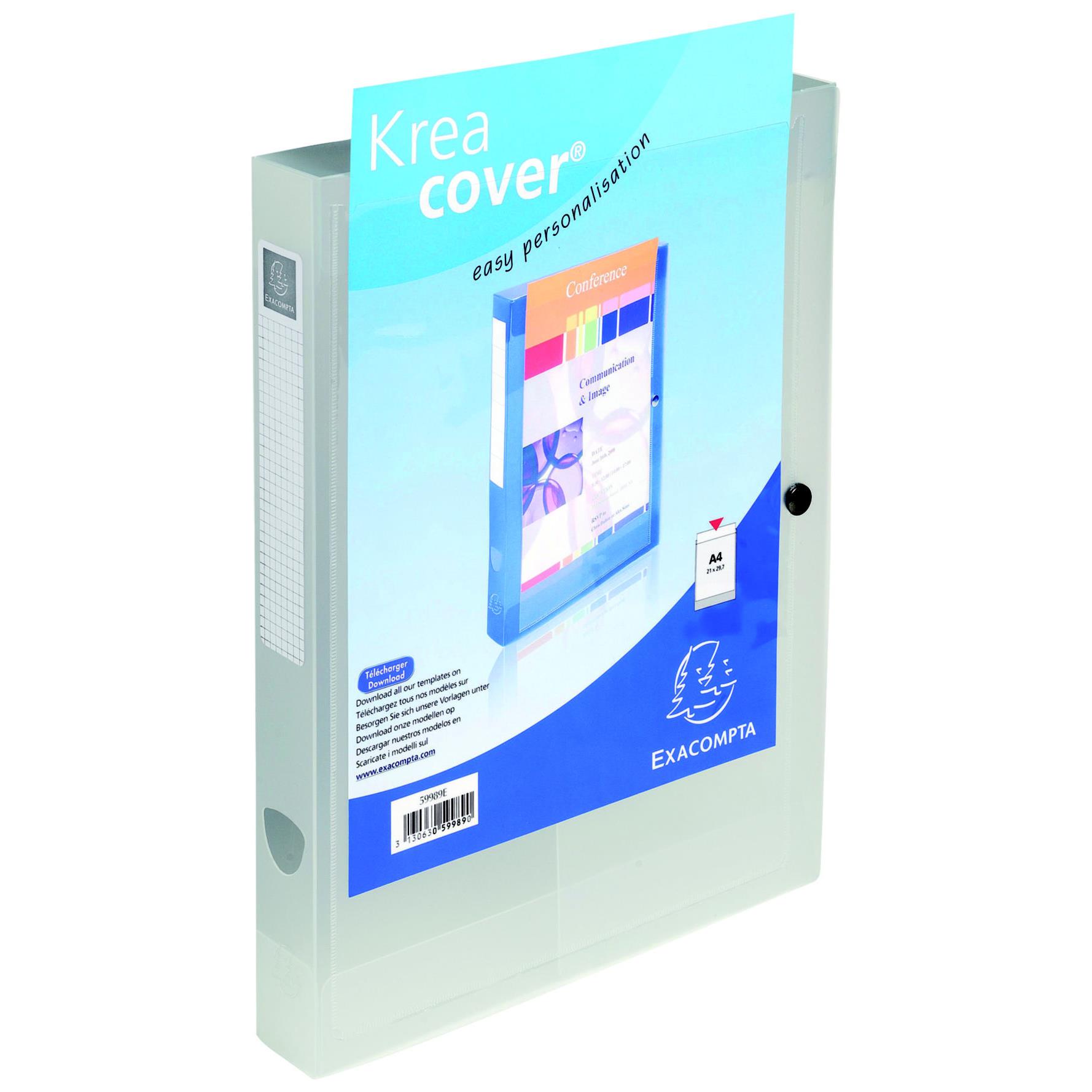 Bote de rangement Exacompta Kreacover avec fermeture  bouton pression et pochette avant transparente A4 240 x 330 x 40 mm polypropylne chromaline transparent blanc