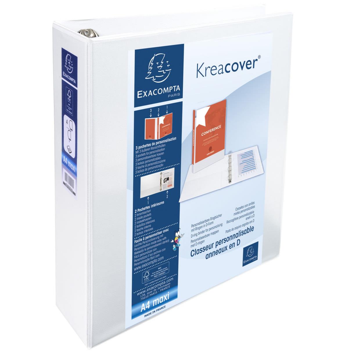 Classeur  anneaux personnalisable 3 faces plastifi Exacompta Kreacover - 4 anneaux en D 60mm - A4 maxi - Dos 9 cm - Capacit 550 feuilles - blanc