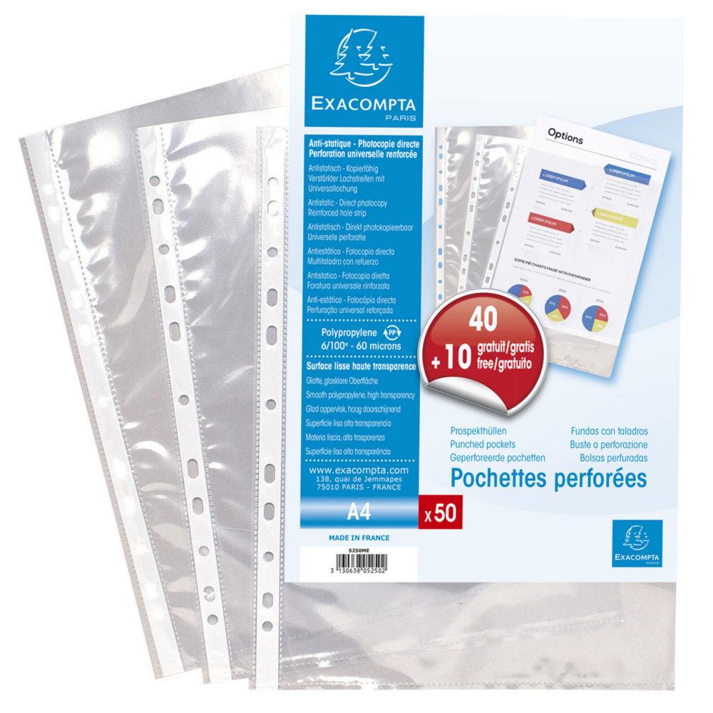 Pochette perfore A4 polypropylne 5/100e lisse Exacompta cristal - lot de 50