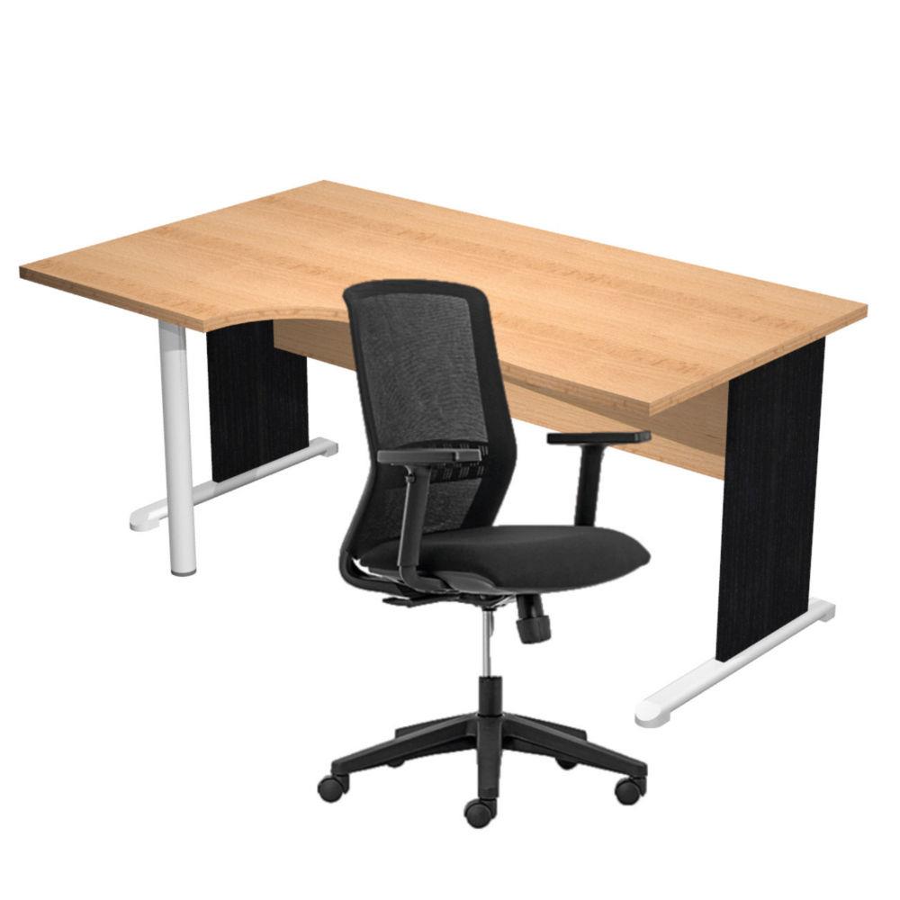 Pack Bureau d'angle compact  gauche Pulse Bois - L160 x P100 cm Htre - Pieds L Noir + fauteuil Tekna Noir