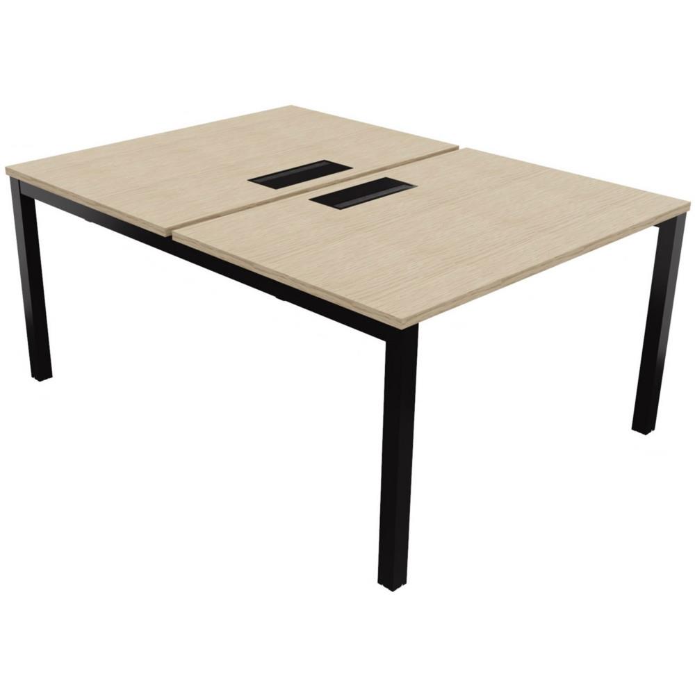 Bureau bench 2 postes Osmose d�part L120 x P163 cm Plateaux Ch�ne avec trappe d'acc�s aux c�bles Pieds m�tal Noir
