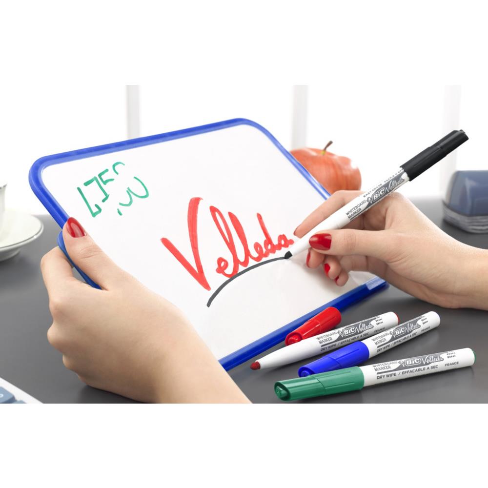 Marqueur effaable  sec Velleda 1741 - pointe ogive - 2 mm - pochette de 4 : bleu, noir, rouge, vert