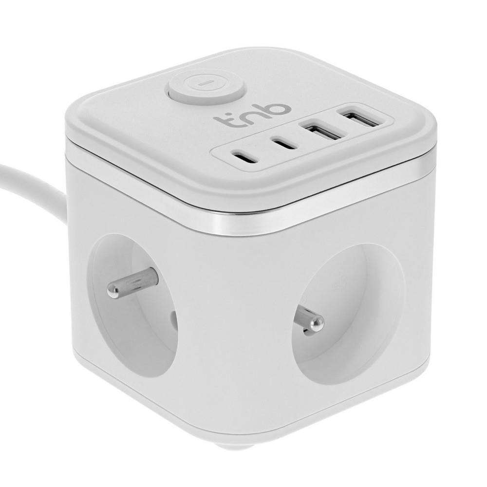 Multiprise secteur TNB Cube 7 en 1 avec interrupteur - 3 prises secteur - 2x USB -A et 2x USB-C - Blanc