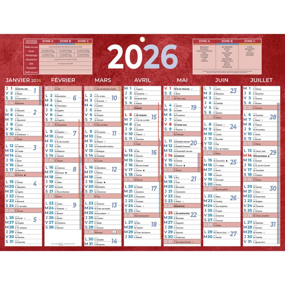 Calendrier bancaire rouge - 32 x 42 cm