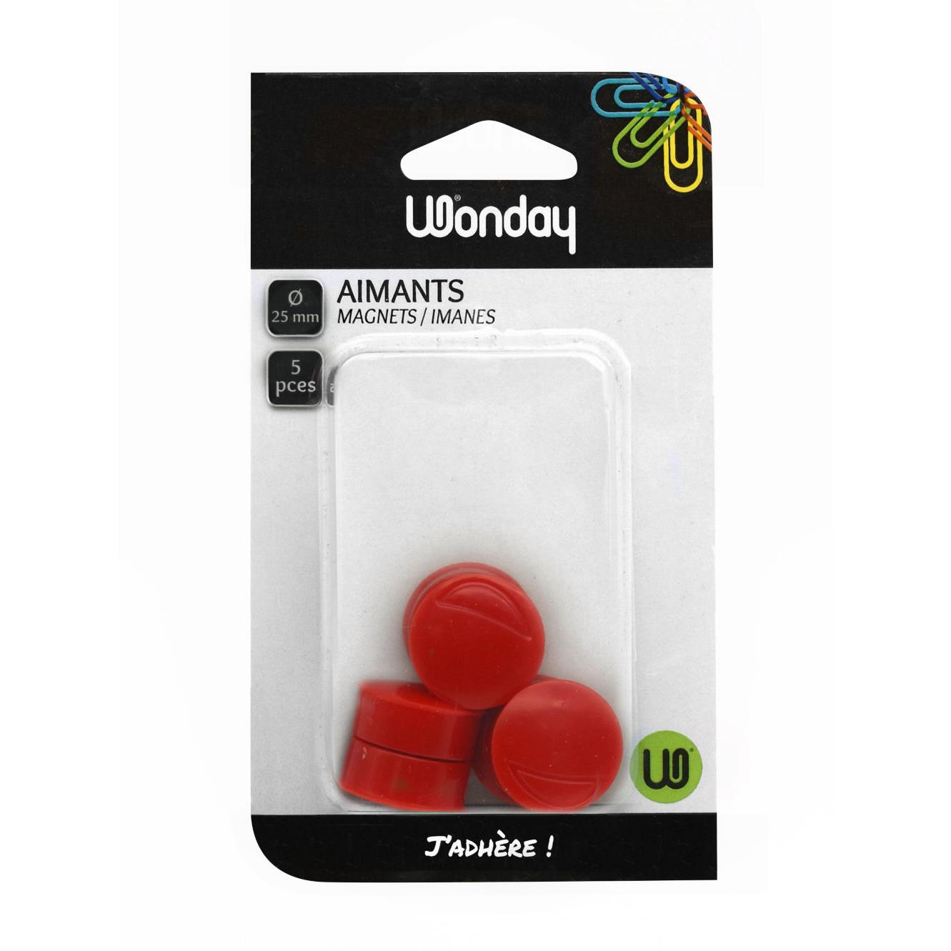 Aimant rond Wonday pour tableau magntique - Diamtre 25 mm - Rouge (blister 5 units)