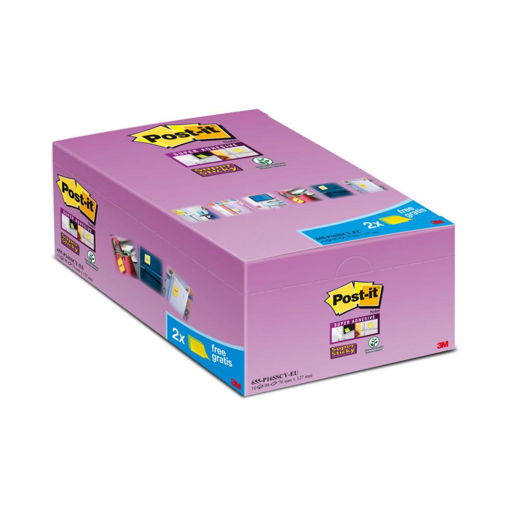 Notes Post-It Super Sticky Canary - 3M - 76 x 127 mm - pack de 14+2 gratuits - paquet 16 blocs