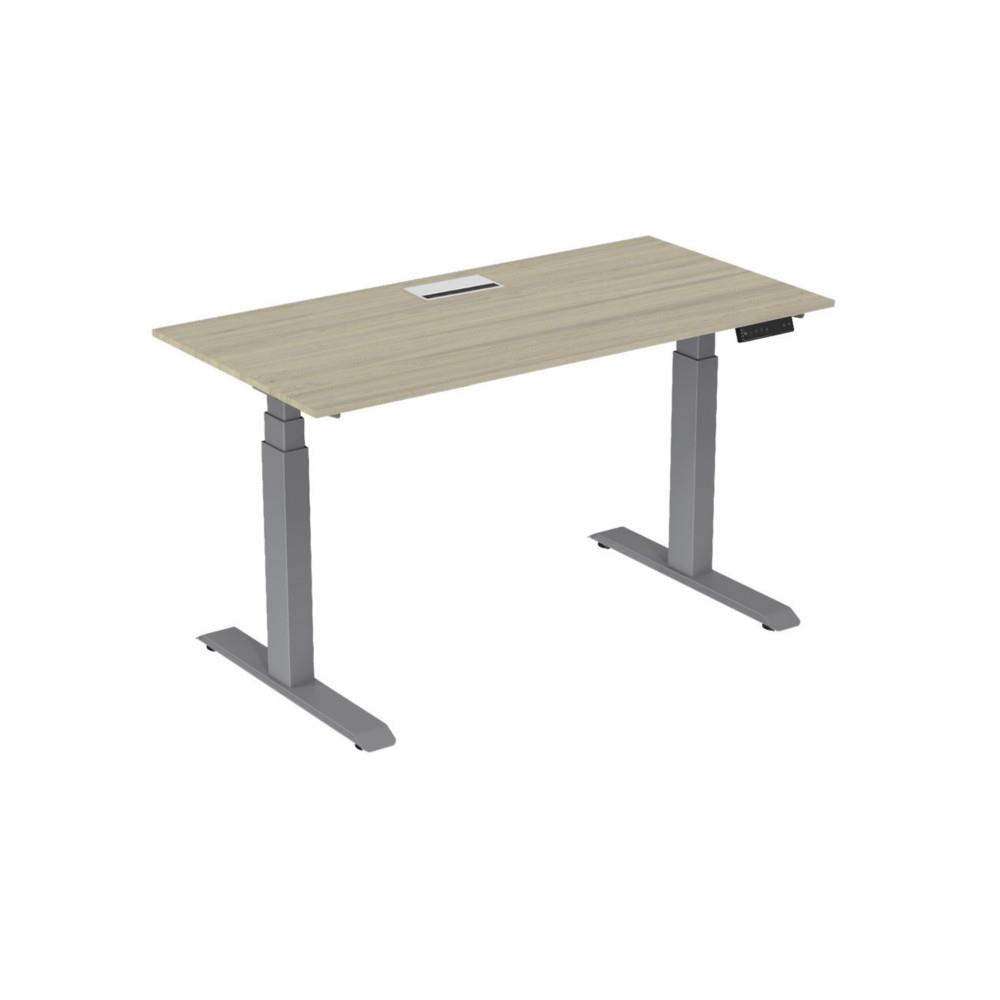 Bureau �lectrique hauteur r�glable Nova L160 cm plateau avec top access Ch�ne - pieds m�tal Gris