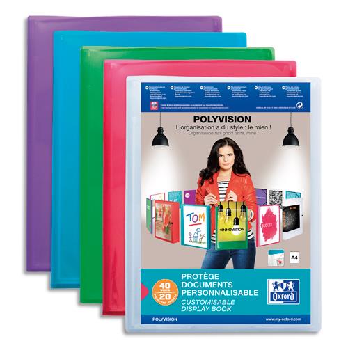 Protge document Elba - transparent et personnalisable - 20 pochettes 40 vues - pour format 21 x 29.7 cm - 4 couleurs : Bleu, incolore, mandarine, vert