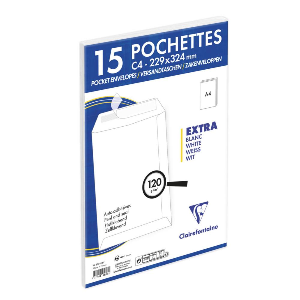 Pochette blanche C4 Clairefontaine 229 x 324 mm 120g sans fentre - Autocollante avec bande protectrice - Lot de 15