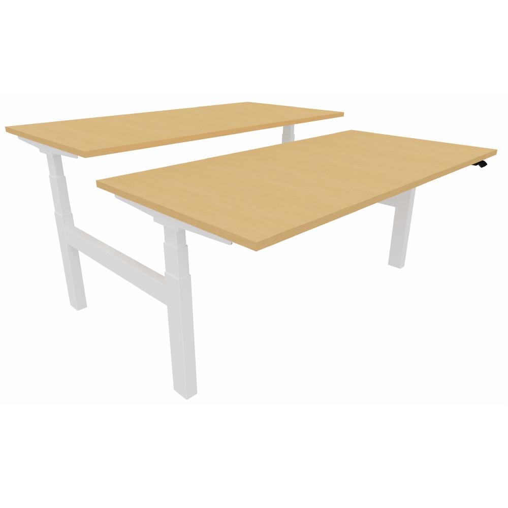 Bureau Bench 2 postes assis-debout r�glage �lectrique Java - 160 x 166 cm - plateau h�tre - pi�tement arche blanc