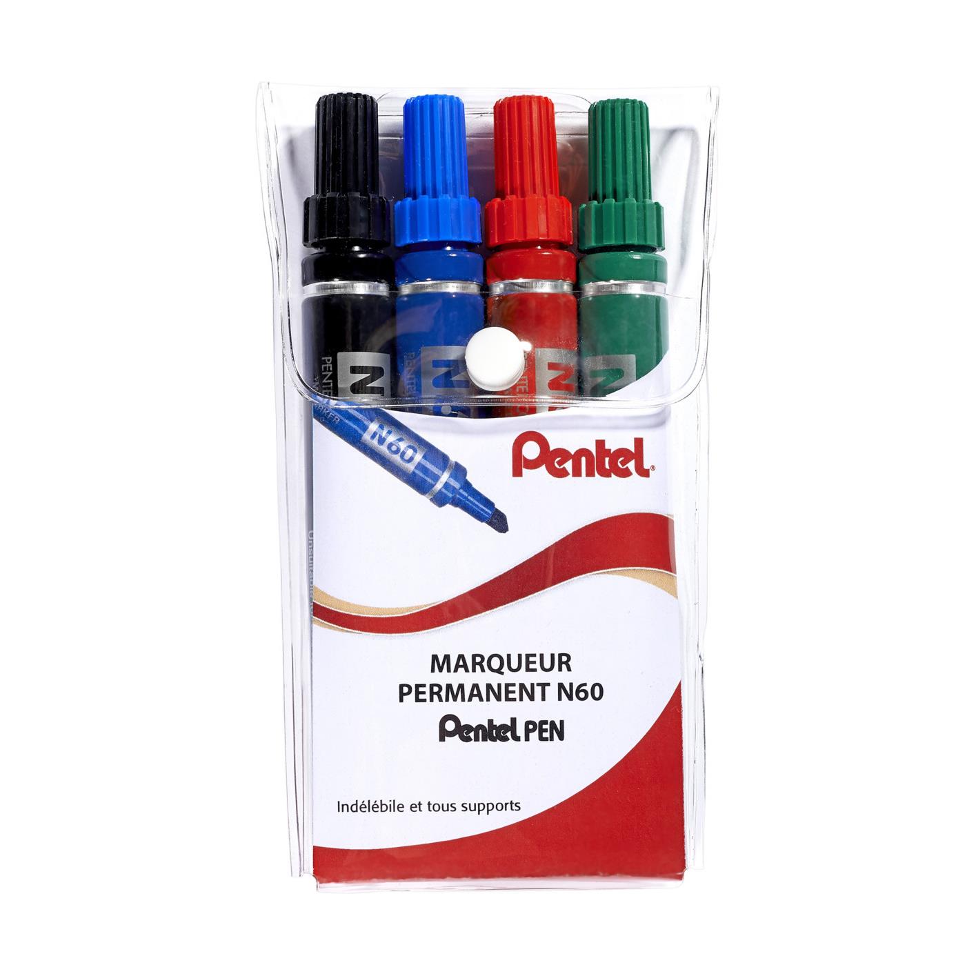 Marqueur permanent biseaut - Pentel N60 - trait de 3,9 - 5,7 mm - Pochette de 4 coloris assortis