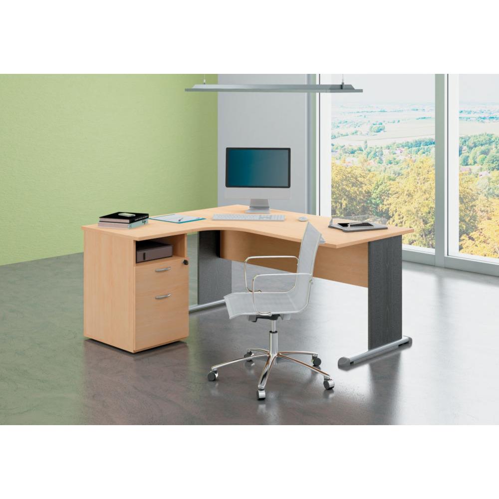Pack Pulse Tendance - 1 bureau compact retour � gauche h�tre pieds noirs - 1 caisson hauteur bureau prof. 60 cm