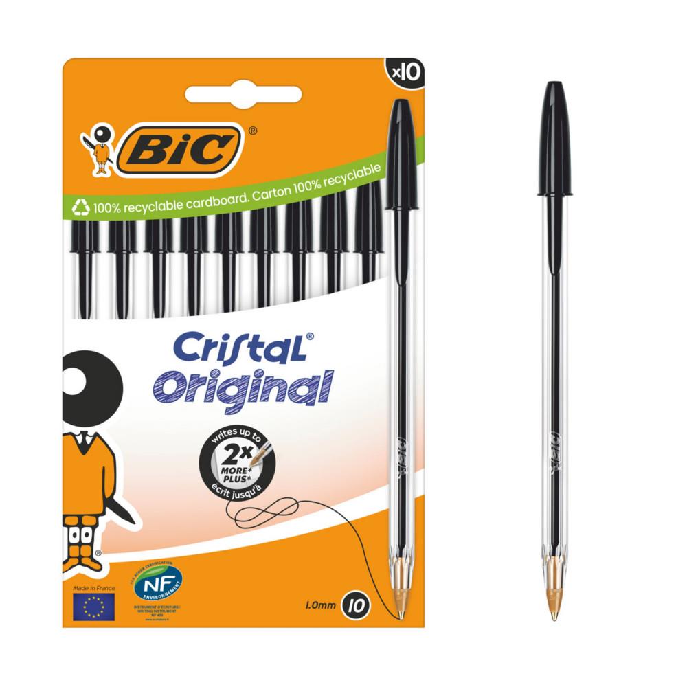 Stylo bille  capuchon Bic Cristal Original - pointe moyenne - 1 mm - noir - lot de 10