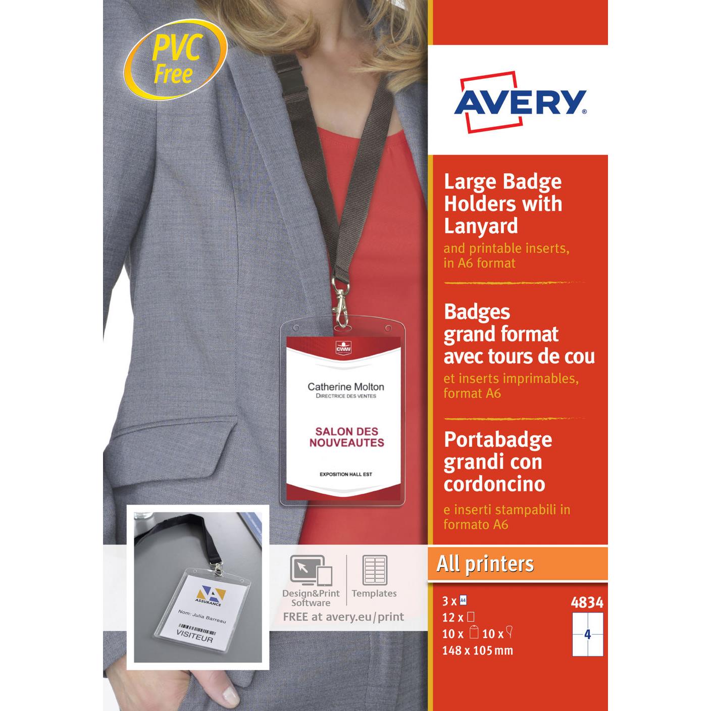 Pochettes badges Avery avec lacet textile noir - format vertical A6 - paquet de 10
