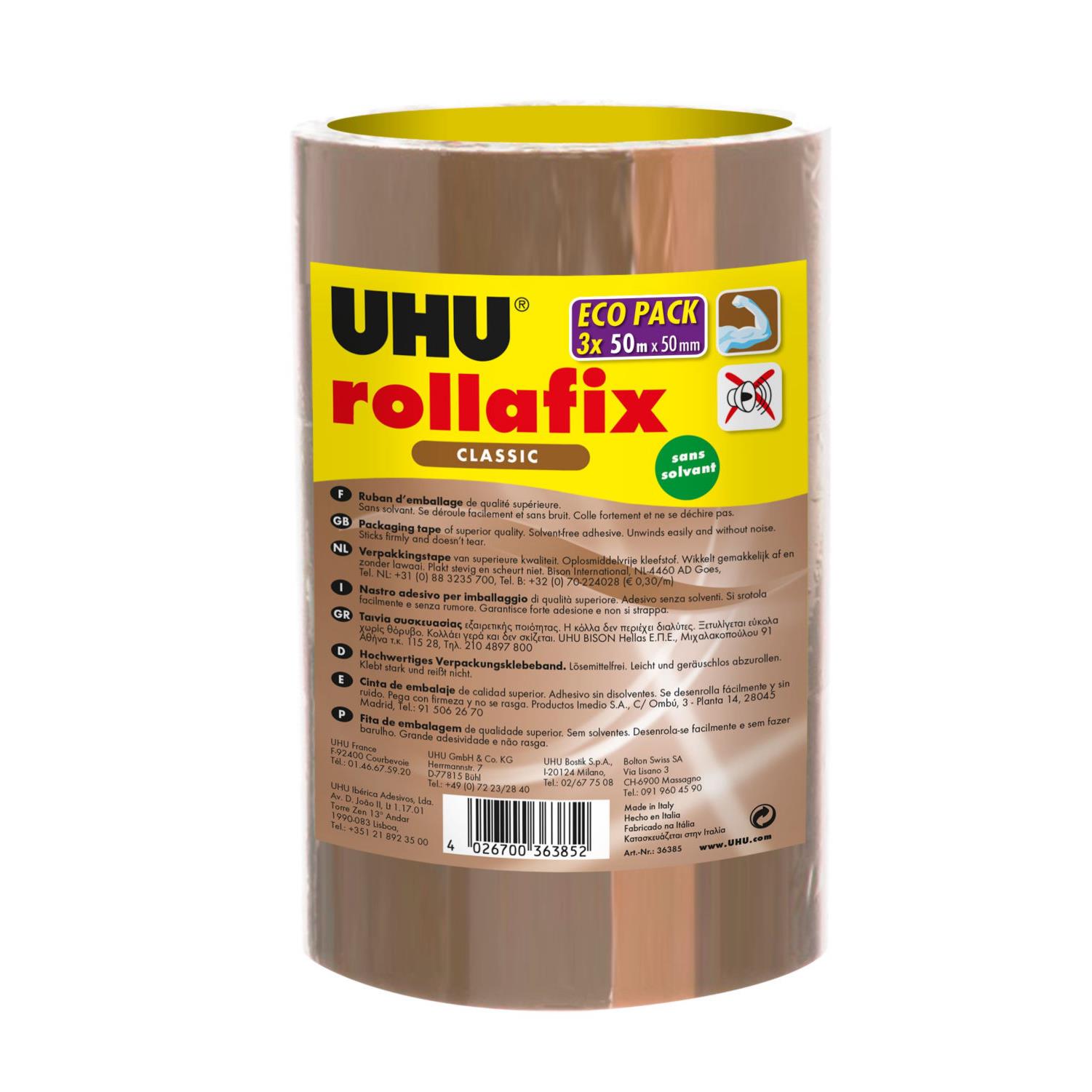 Ruban adhsif d'emballage UHU Rollafix - polypropylne silencieux 46 microns 50 mm x 50 m - Havane  - lot de 3