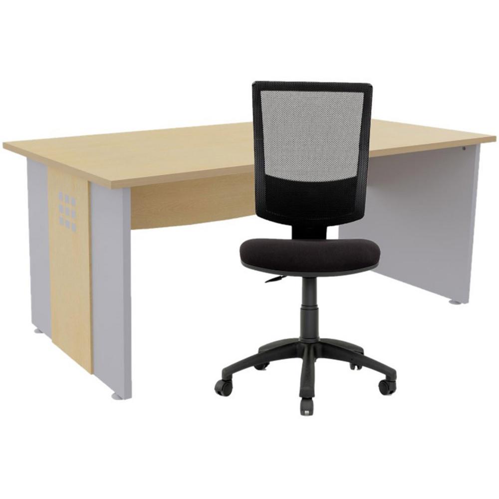 Pack Boreal : 1 bureau L 140 cm plateau Htre Pieds pleins Aluminium + 1 sige Jenny maille,tissu Noir