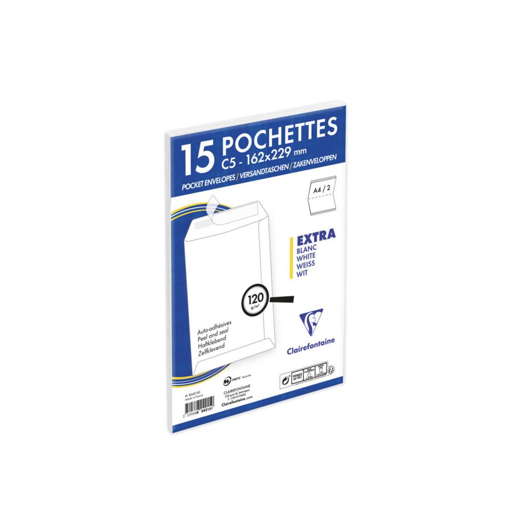 Pochette blanche C5 Clairefontaine 162 x 229 mm 120g sans fentre - Autocollante avec bande protectrice - Lot de 15