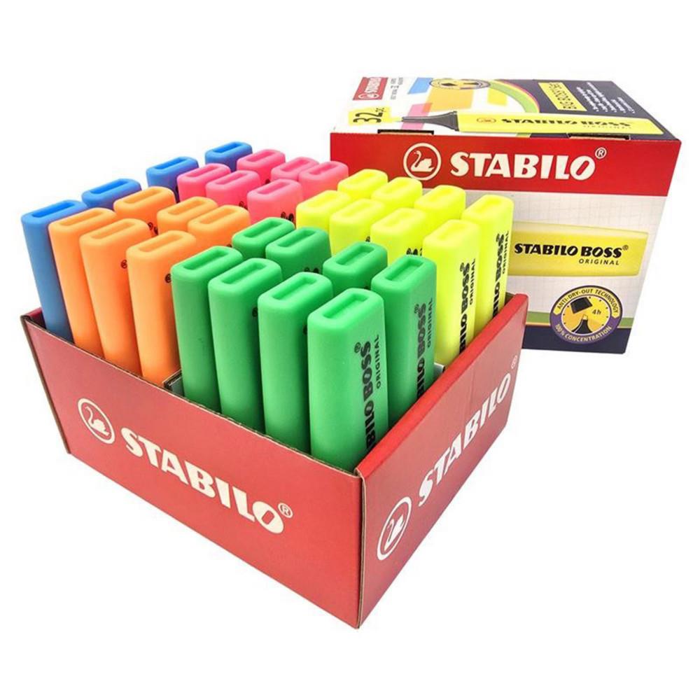 Boite BOSS ORIGINAL Stabilo de 32 Surligneurs Stabilo Probox - Big BOSS - Ensemble de 5 coloris assortis fluos - Vert - Jaune - Orange - Rose - Bleu