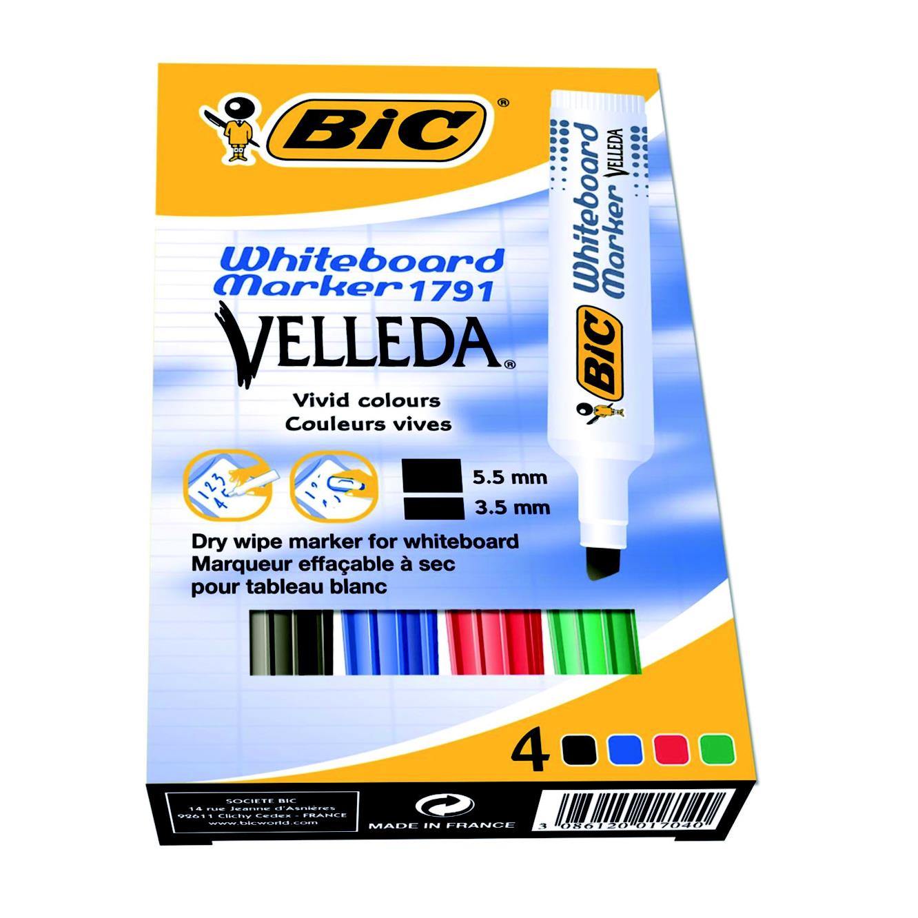 Pochette de 4 marqueurs effacables  sec Bic Velleda 1791 - pointe biseaute - coloris assortis