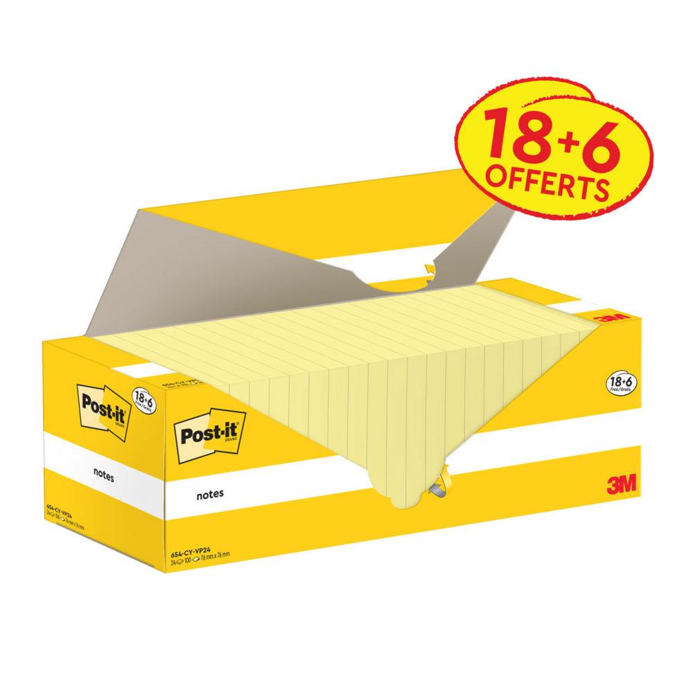 Notes repositionnables Post-it 76 x 76 mm - Jaune - Pack 18 blocs de 100 feuilles + 6 gratuits