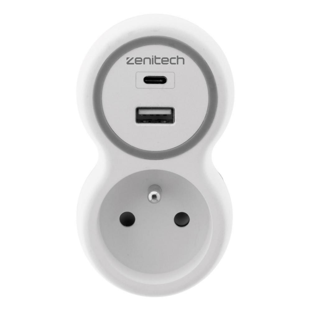 Zenithec Prise secteur murale 16A + 1 prise Chargeur USB-A + 1 USB-C BOLEA - Blanche