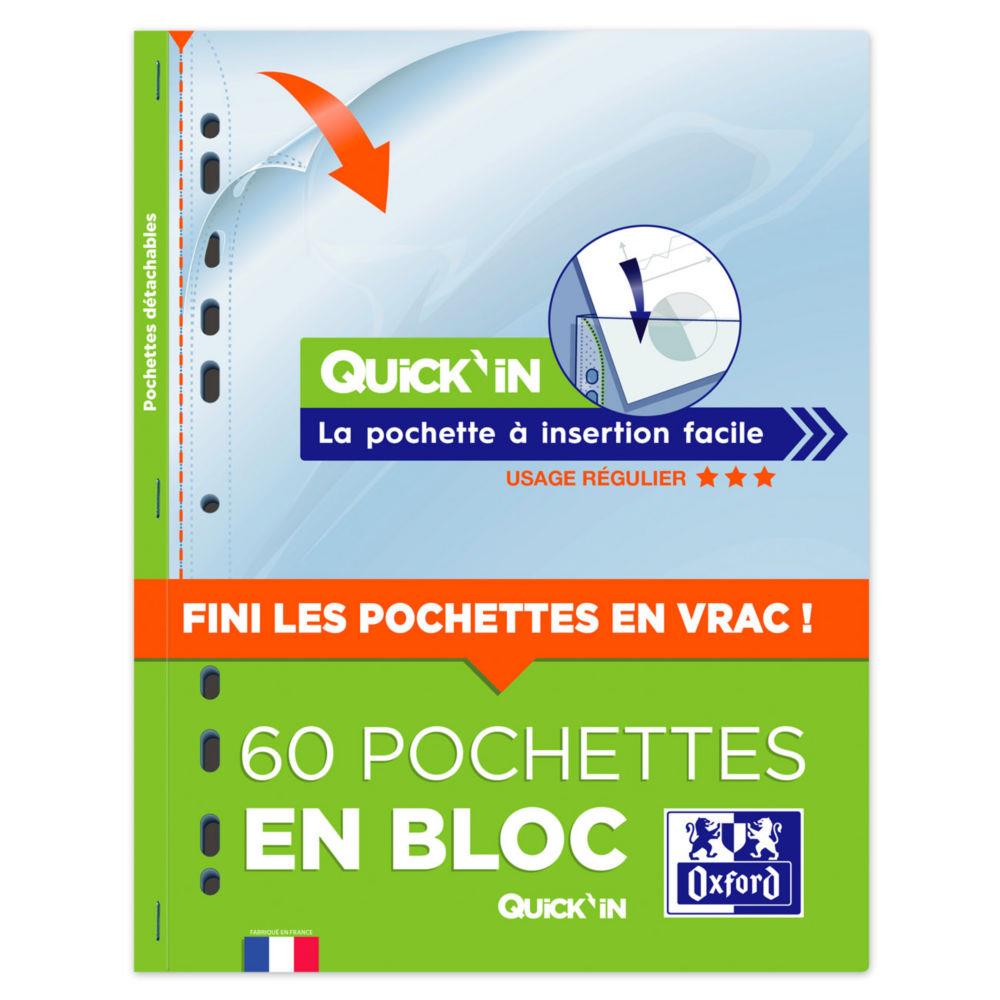 Pochettes perfores Oxford Quick'In A4 - en polypropylne lisse 5/100 - transparentes - bloc 60 feuilles