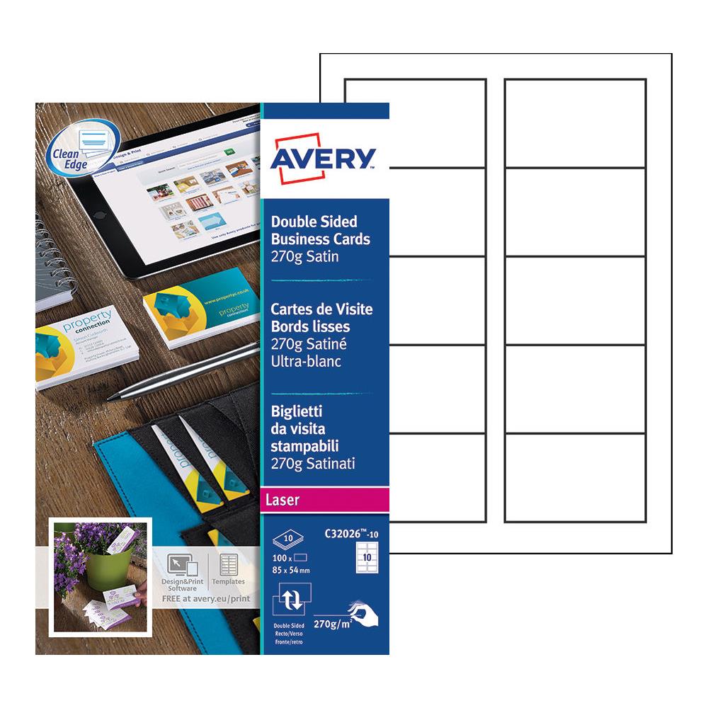 Cartes de visite blanches  bords lisses Avery - 85 x 54 mm - Impression laser - paquet 100 units