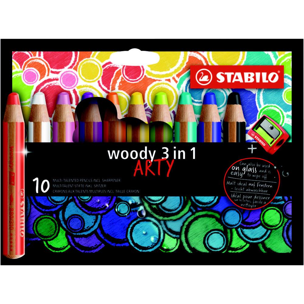 Crayon de couleur effaable multi-talents Stabilo Woody 3 en 1 - Etui de 10 coloris assortis + 1 taille-crayon