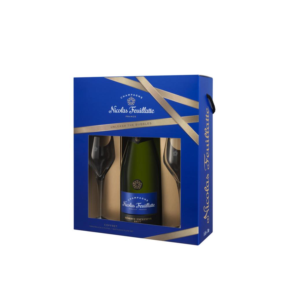 Coffret Champagne Brut NICOLAS FEUILLATTE Rserve Exclusive avec 2 fltes - Bouteille de 75 cl