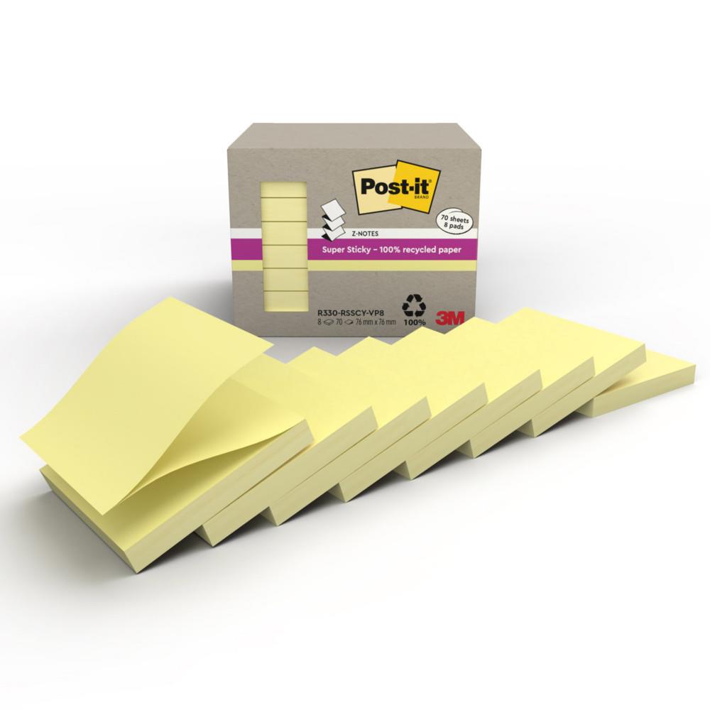 Super Sticky Post-it Z-Notes Recycl�es 76 x 76 mm 3M - Boite de 8 blocs carr�s de 70 feuilles dont 2 gratuits - Jaune Canari