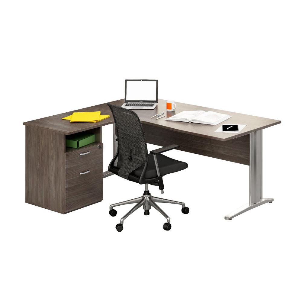 Pack Pulse Prestige - 1 bureau compact retour � gauche - cendre - pieds chromes - 1 caisson hauteur bureau prof. 60 cm
