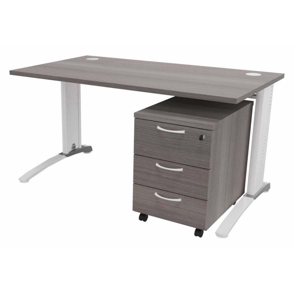 Pack Triomphe 2 - 1 bureau droit cdre - pieds blancs - embase  aluminium - L 140 x P 80 x H 72 cm - 1 caisson mobile - 3 tiroirs cdre
