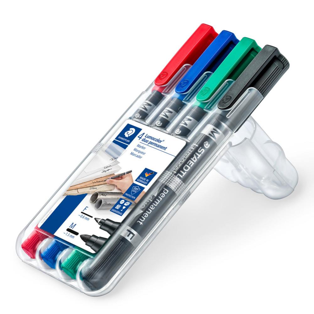 Etui rigide STAEDTLER de 4 marqueurs lumocolorpermanent duo double pointe - coloris assortis